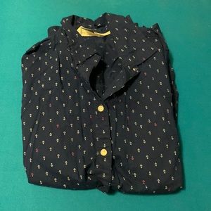 Navy button down with white and pink anchors.